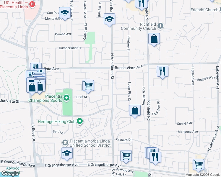 map of restaurants, bars, coffee shops, grocery stores, and more near 5575 Torrey Pine Place in Yorba Linda