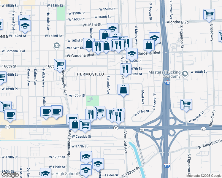 map of restaurants, bars, coffee shops, grocery stores, and more near 16920 Berendo Avenue in Gardena