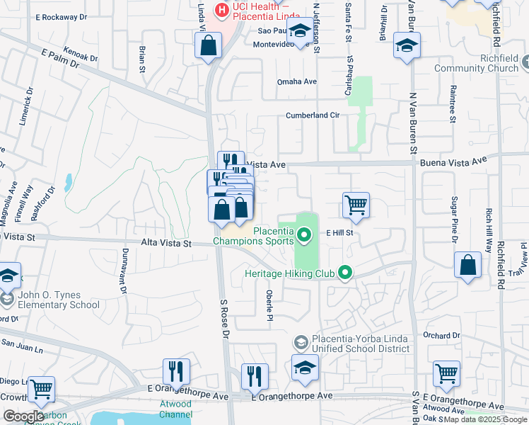 map of restaurants, bars, coffee shops, grocery stores, and more near 714 Olivier Drive in Placentia