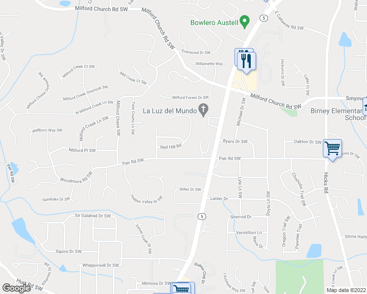 map of restaurants, bars, coffee shops, grocery stores, and more near 1368 Red Hill Road in Marietta