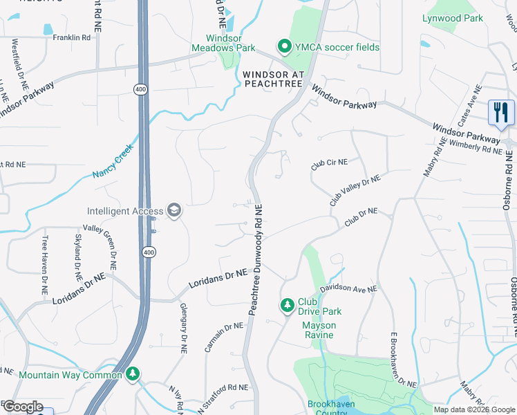 map of restaurants, bars, coffee shops, grocery stores, and more near 4490 Peachtree Dunwoody Road Northeast in Atlanta