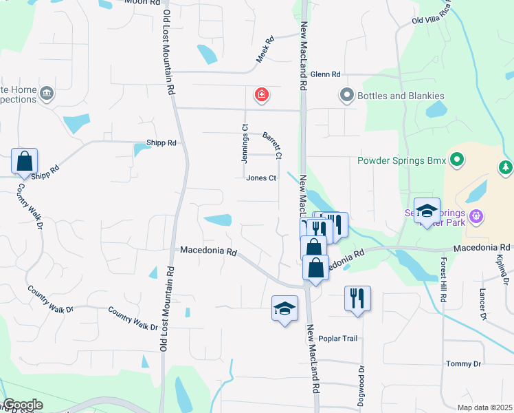 map of restaurants, bars, coffee shops, grocery stores, and more near 4207 Sutton Court in Powder Springs
