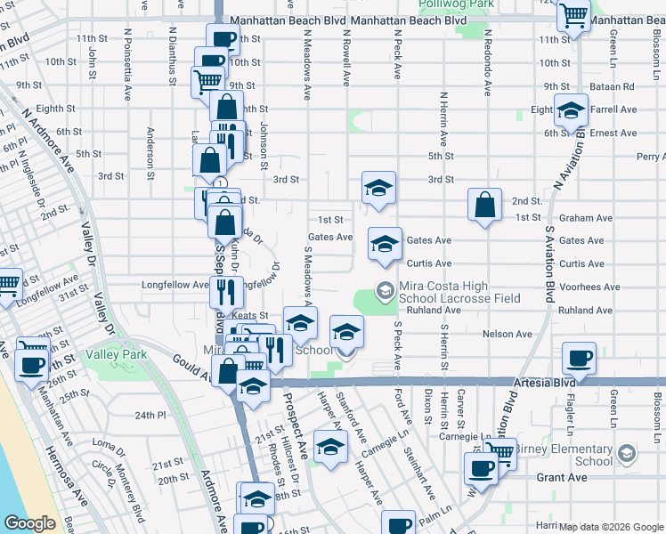 map of restaurants, bars, coffee shops, grocery stores, and more near 1331 Voorhees Avenue in Manhattan Beach