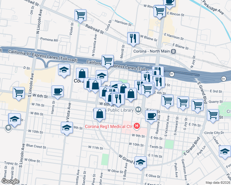 map of restaurants, bars, coffee shops, grocery stores, and more near 416 South Merrill Street in Corona