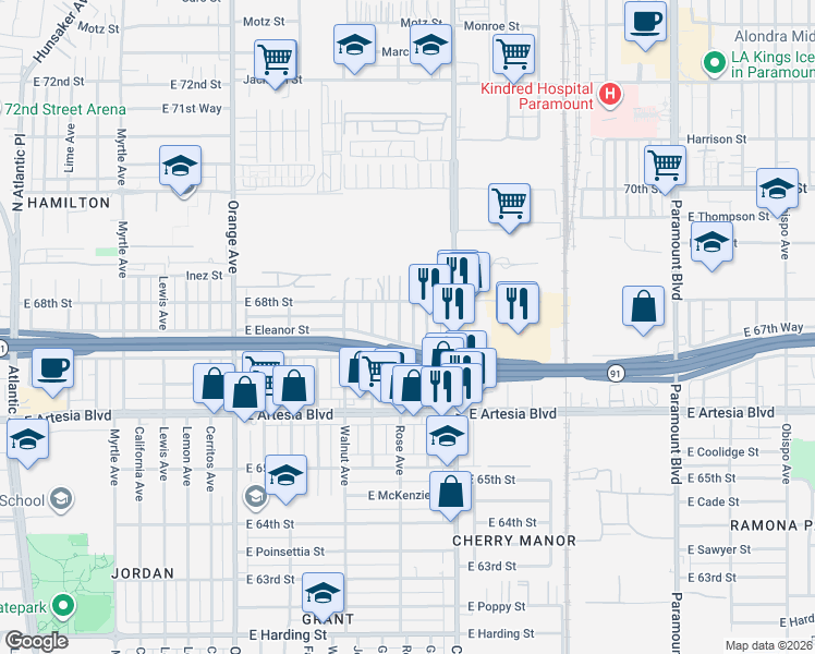 map of restaurants, bars, coffee shops, grocery stores, and more near 6751 Gardenia Avenue in Long Beach