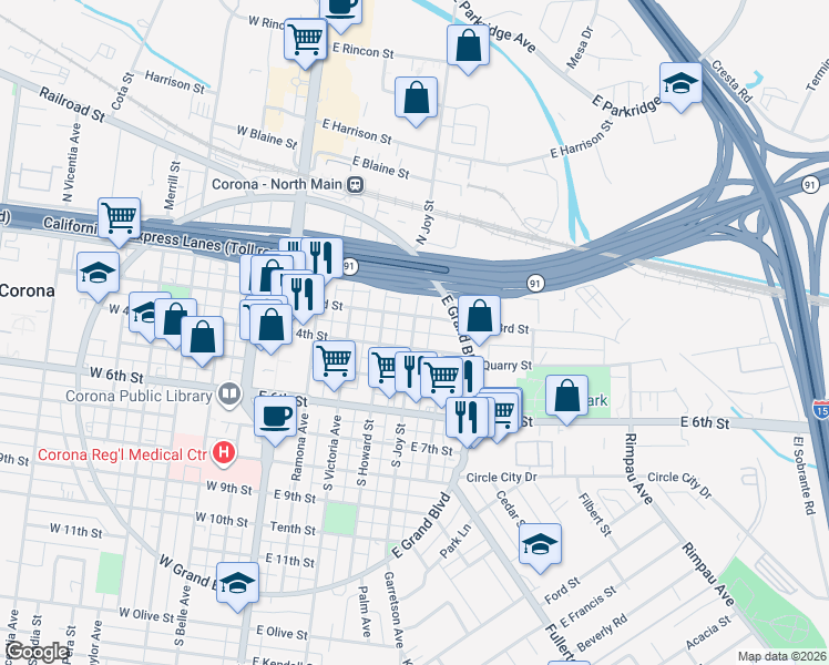 map of restaurants, bars, coffee shops, grocery stores, and more near 313 South Joy Street in Corona