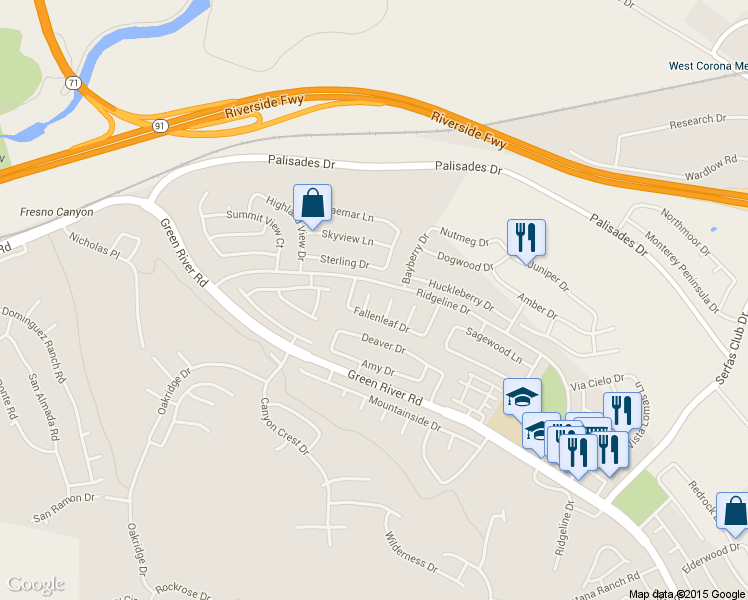 map of restaurants, bars, coffee shops, grocery stores, and more near 1049 Sugarberry Lane in Corona