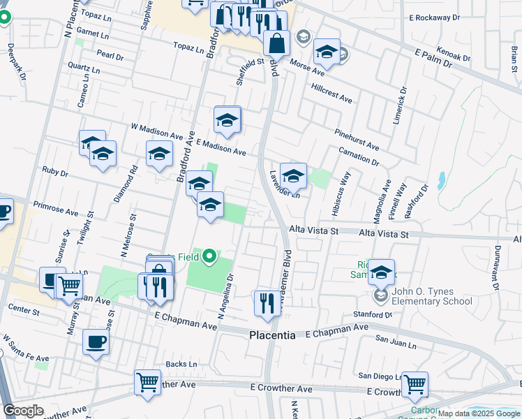map of restaurants, bars, coffee shops, grocery stores, and more near 744 North Angelina Drive in Placentia