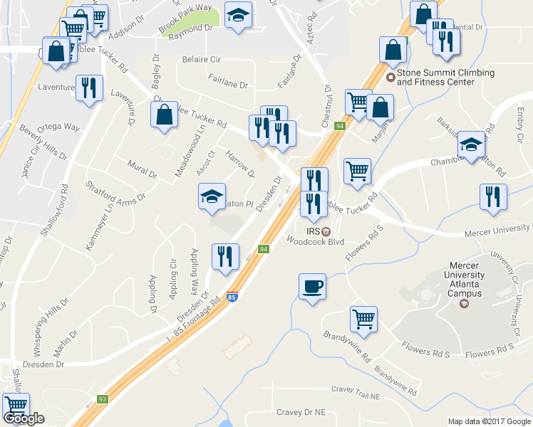map of restaurants, bars, coffee shops, grocery stores, and more near 3035 Quantum Lane in Chamblee