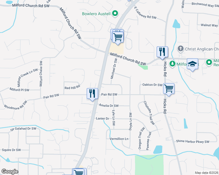 map of restaurants, bars, coffee shops, grocery stores, and more near 1163 Byers Drive Southwest in Marietta
