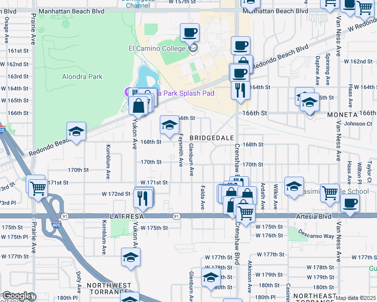 map of restaurants, bars, coffee shops, grocery stores, and more near 16811 Glenburn Avenue in Torrance