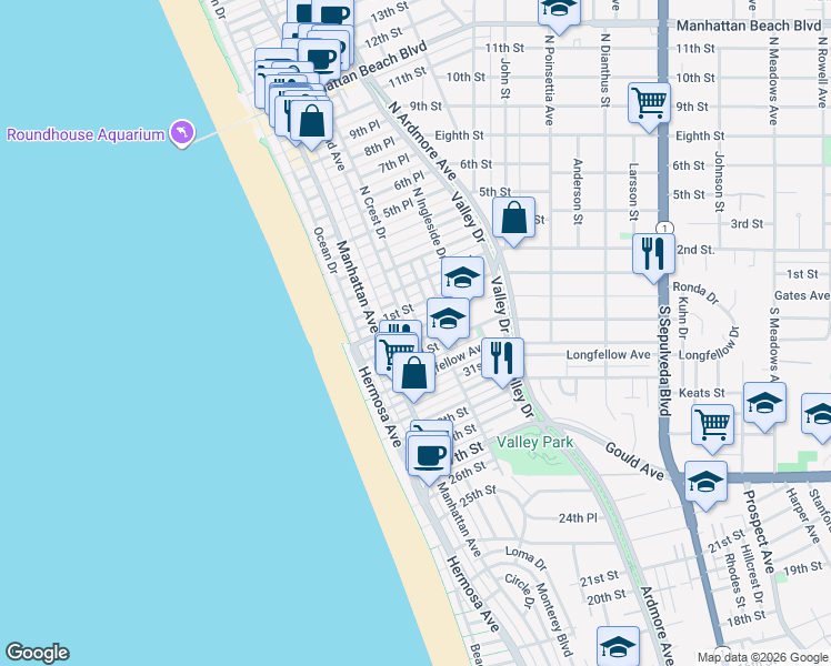 map of restaurants, bars, coffee shops, grocery stores, and more near 3414 Highland Avenue in Hermosa Beach