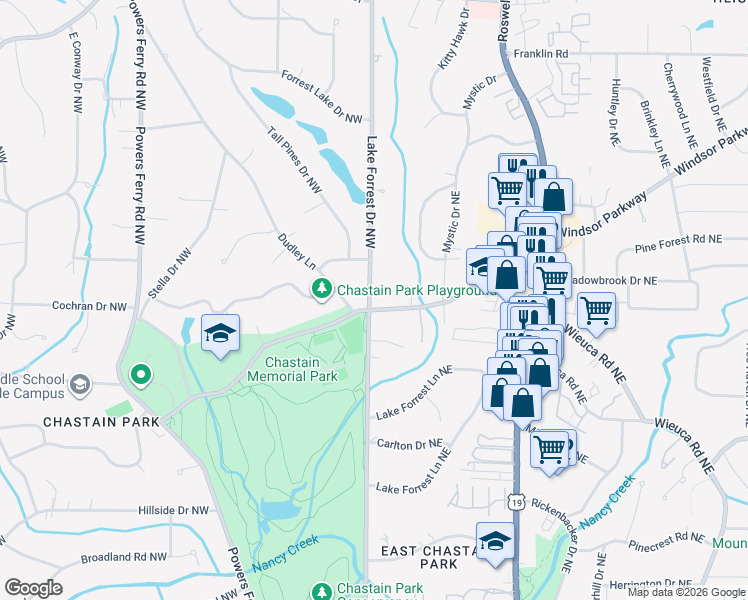 map of restaurants, bars, coffee shops, grocery stores, and more near 8 West Wieuca Road Northeast in Atlanta