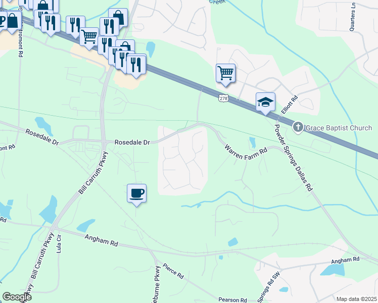 map of restaurants, bars, coffee shops, grocery stores, and more near 91 Ancient Oaks Way in Hiram