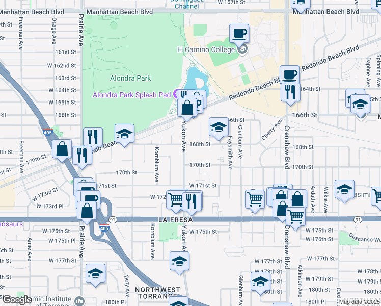 map of restaurants, bars, coffee shops, grocery stores, and more near 16816 Yukon Avenue in Torrance