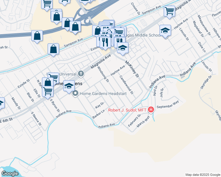 map of restaurants, bars, coffee shops, grocery stores, and more near 3596 Windsong Street in Corona