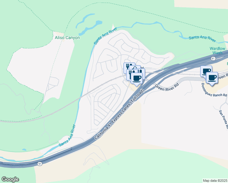map of restaurants, bars, coffee shops, grocery stores, and more near 4901 Green River Road in Corona