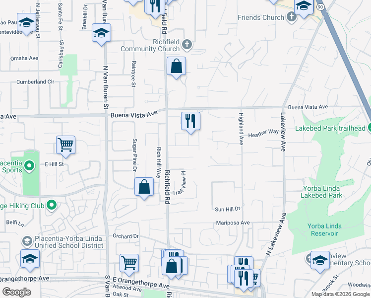 map of restaurants, bars, coffee shops, grocery stores, and more near 17682 Ridgecrest Drive in Yorba Linda