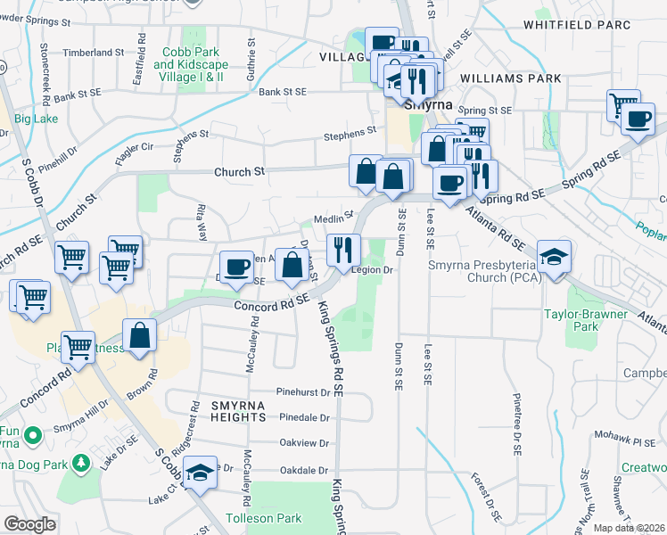 map of restaurants, bars, coffee shops, grocery stores, and more near 1181 Laurel Place in Smyrna