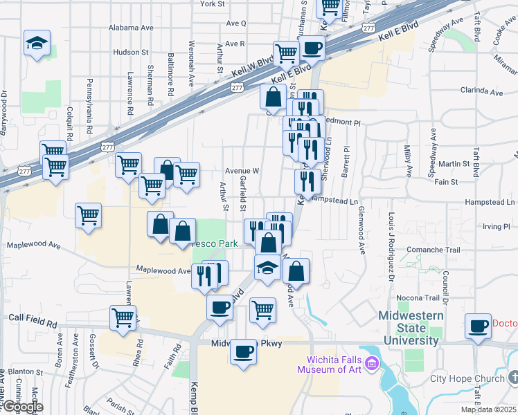 map of restaurants, bars, coffee shops, grocery stores, and more near 3406 Grant Street in Wichita Falls
