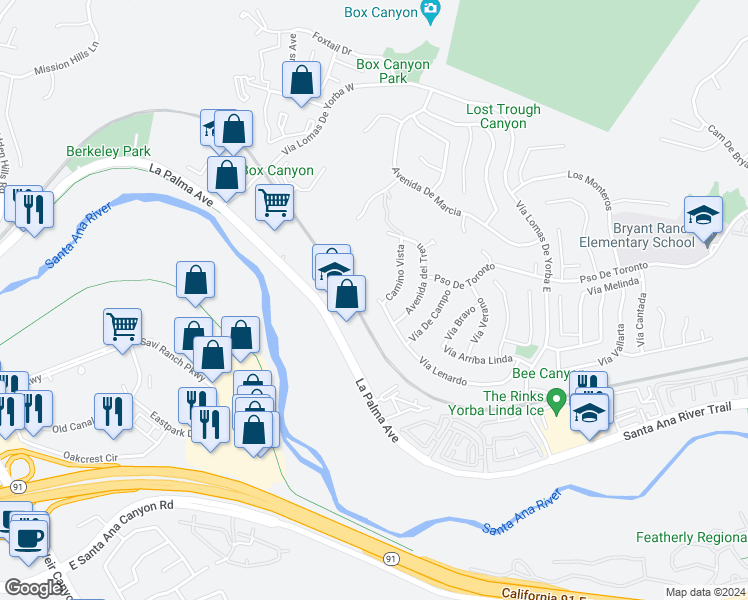 map of restaurants, bars, coffee shops, grocery stores, and more near 24170 Vía Lenardo in Yorba Linda