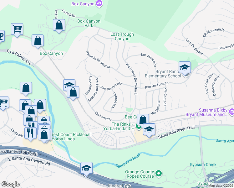 map of restaurants, bars, coffee shops, grocery stores, and more near 5510 Vía Verano in Yorba Linda
