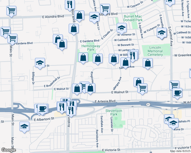 map of restaurants, bars, coffee shops, grocery stores, and more near 17000 Kingsview Avenue in Carson
