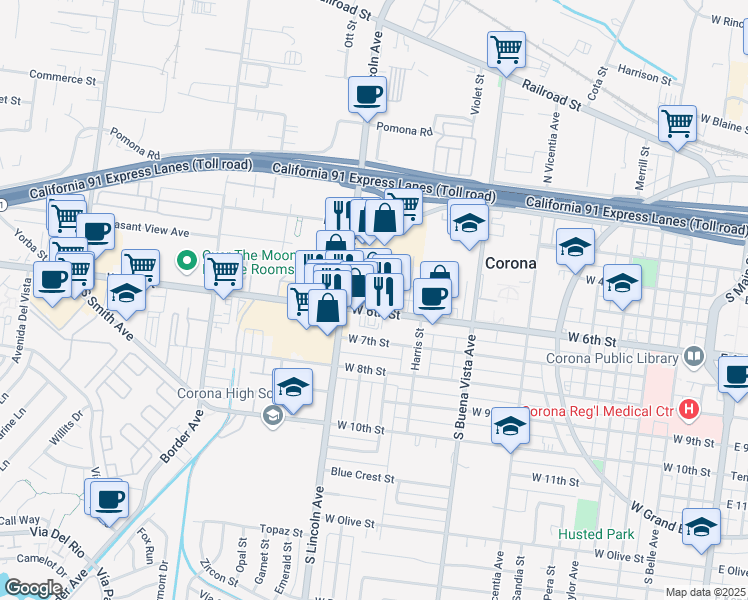 map of restaurants, bars, coffee shops, grocery stores, and more near 1047 West 6th Street in Corona