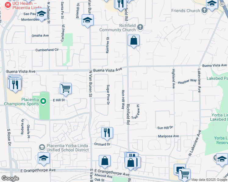 map of restaurants, bars, coffee shops, grocery stores, and more near 5802 Casson Drive in Yorba Linda