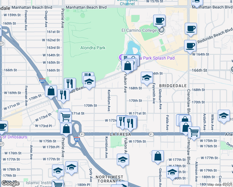map of restaurants, bars, coffee shops, grocery stores, and more near 3627 169th Street in Torrance