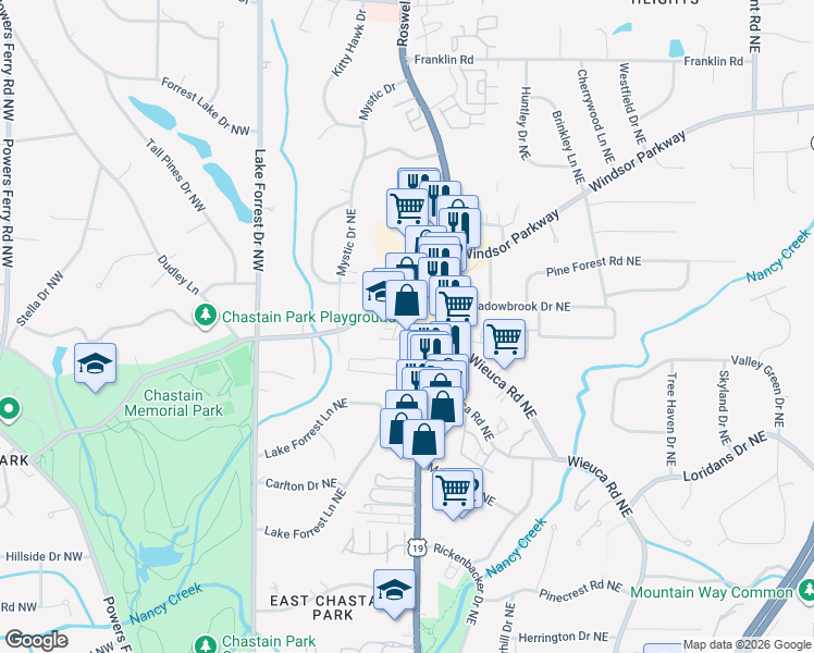 map of restaurants, bars, coffee shops, grocery stores, and more near 174 West Wieuca Road Northeast in Atlanta