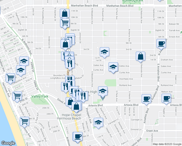 map of restaurants, bars, coffee shops, grocery stores, and more near 327 South Meadows Avenue in Manhattan Beach