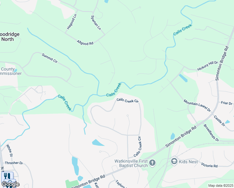 map of restaurants, bars, coffee shops, grocery stores, and more near 1320 Calls Creek Circle in Watkinsville