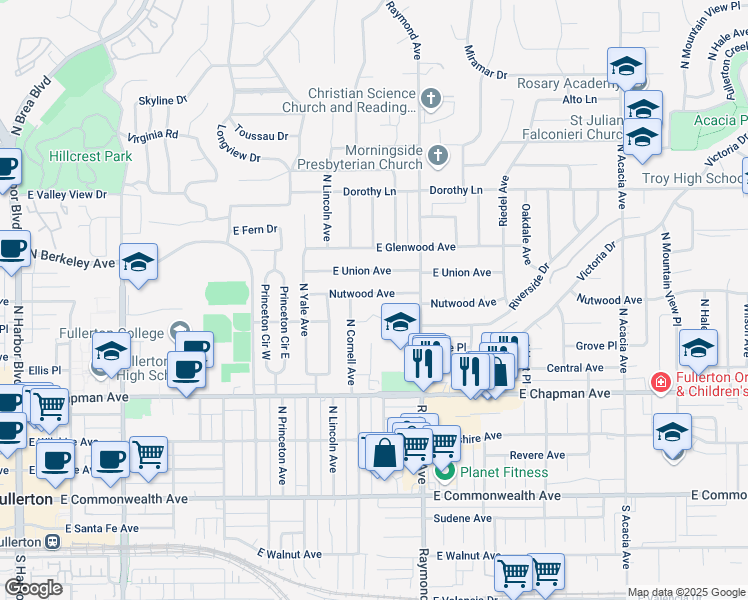 map of restaurants, bars, coffee shops, grocery stores, and more near 1016 Nutwood Avenue in Fullerton