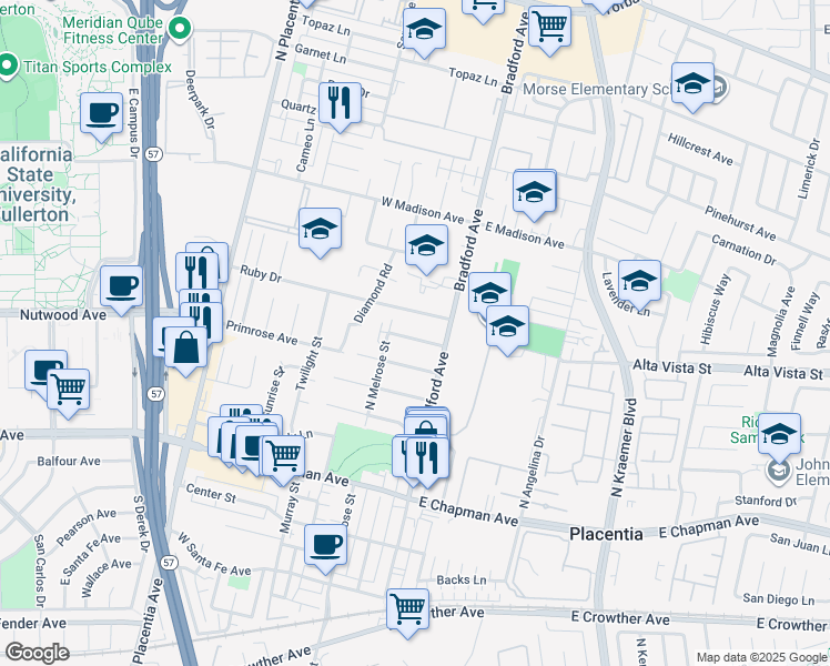 map of restaurants, bars, coffee shops, grocery stores, and more near 125 Orange Grove Avenue in Placentia