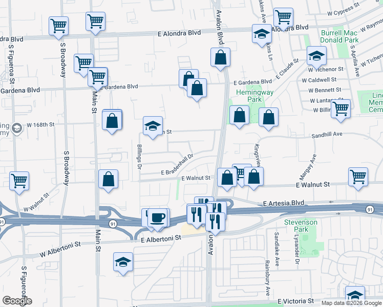 map of restaurants, bars, coffee shops, grocery stores, and more near 16955 Roa Drive in Carson