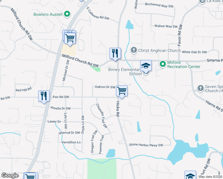 map of restaurants, bars, coffee shops, grocery stores, and more near 935 Oakton Drive Southwest in Marietta