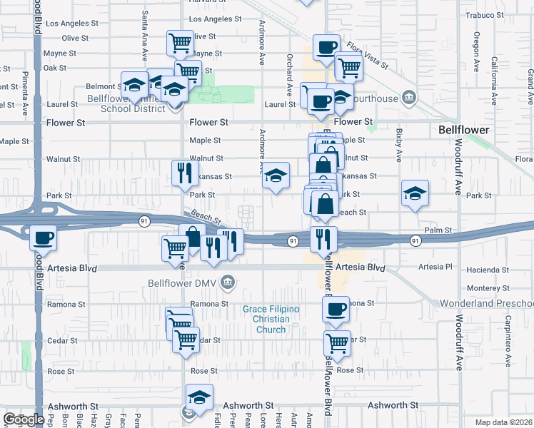 map of restaurants, bars, coffee shops, grocery stores, and more near 17132 Ardmore Avenue in Bellflower