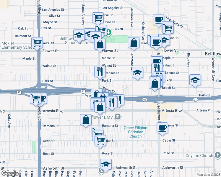 map of restaurants, bars, coffee shops, grocery stores, and more near 9443 Beach Street in Bellflower