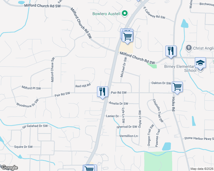 map of restaurants, bars, coffee shops, grocery stores, and more near 2917 Edgefield Court Southwest in Marietta