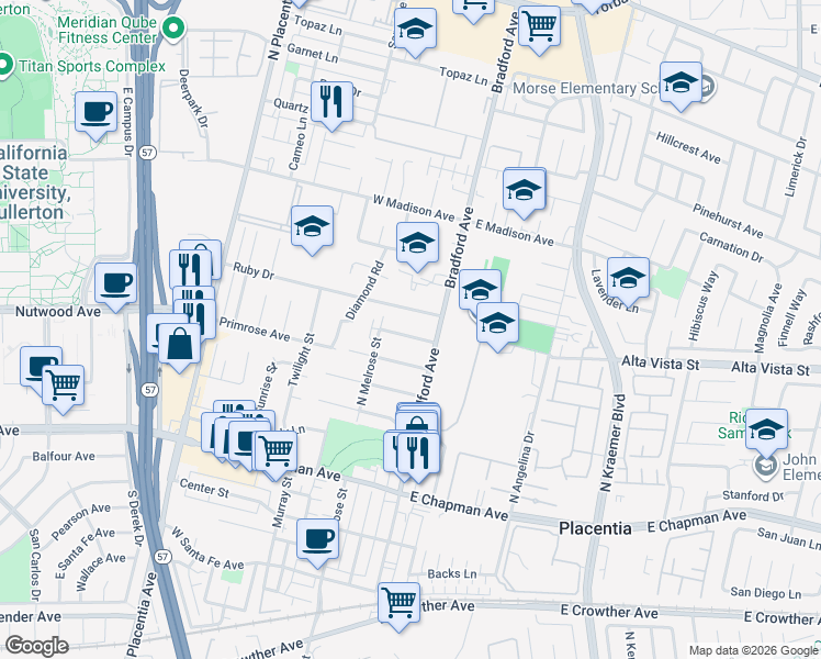 map of restaurants, bars, coffee shops, grocery stores, and more near 123 Orange Grove Avenue in Placentia