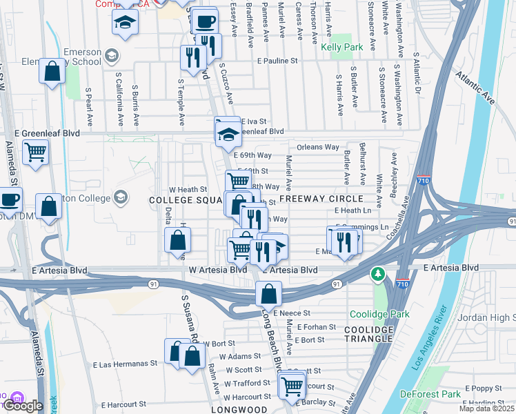 map of restaurants, bars, coffee shops, grocery stores, and more near 24 East 68th Street in Long Beach