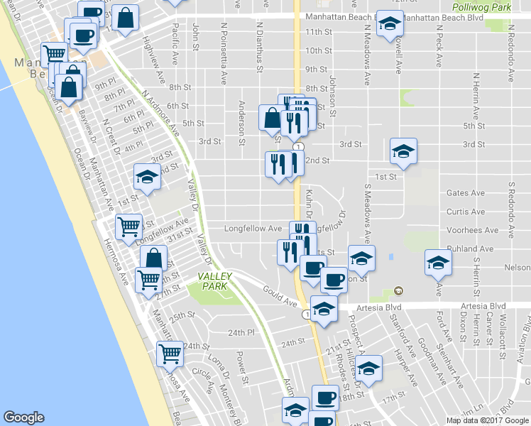 map of restaurants, bars, coffee shops, grocery stores, and more near 308 South Dianthus Street in Manhattan Beach