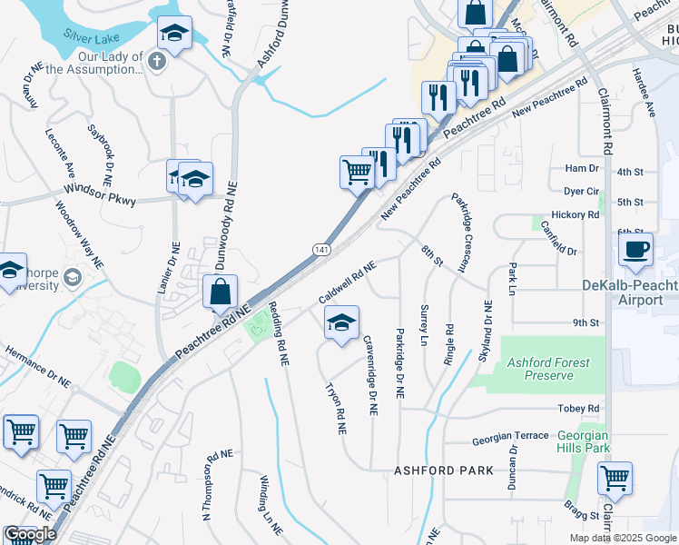 map of restaurants, bars, coffee shops, grocery stores, and more near 3138 Caldwell Road Northeast in Atlanta