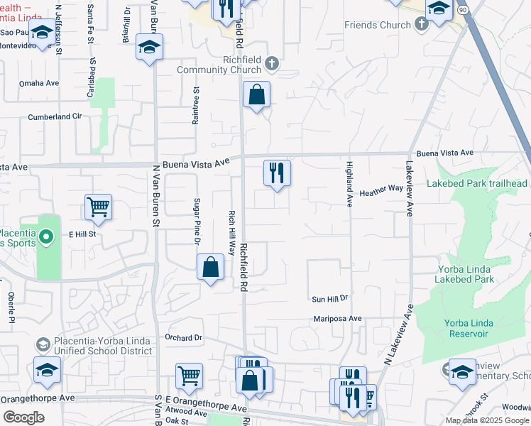 map of restaurants, bars, coffee shops, grocery stores, and more near 17682 Ridgecrest Drive in Yorba Linda