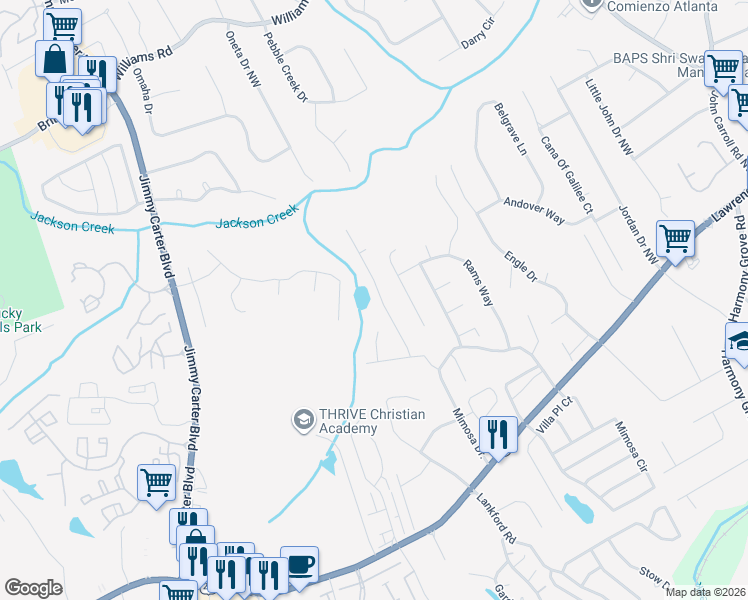 map of restaurants, bars, coffee shops, grocery stores, and more near 458 Fire Fly Drive in Tucker
