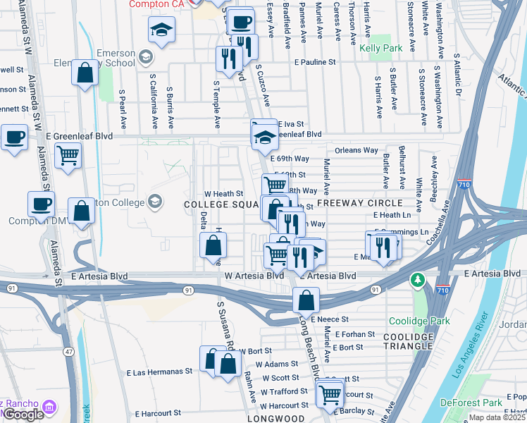 map of restaurants, bars, coffee shops, grocery stores, and more near 146 West 68th Street in Long Beach