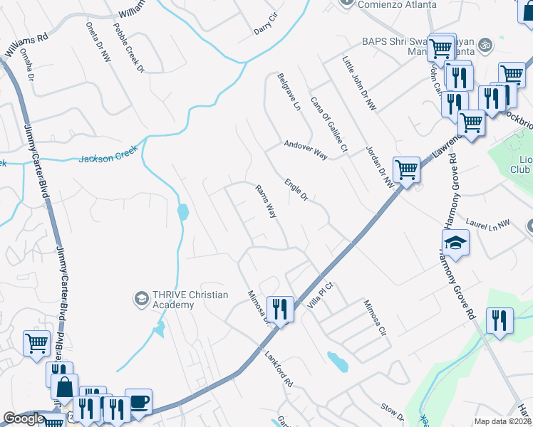 map of restaurants, bars, coffee shops, grocery stores, and more near 420 Rams Way in Tucker