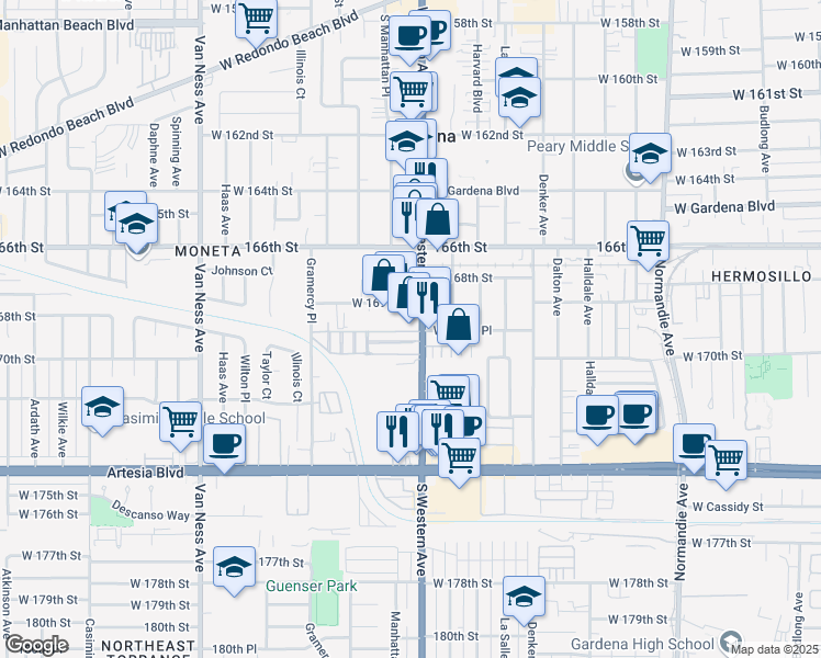 map of restaurants, bars, coffee shops, grocery stores, and more near 16921 South Western Avenue in Gardena