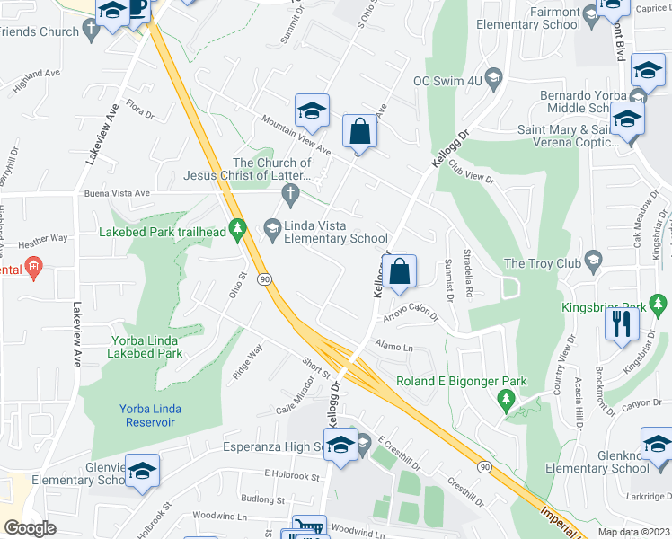 map of restaurants, bars, coffee shops, grocery stores, and more near 5771 Grandview Avenue in Yorba Linda